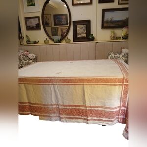Vintage  Linen Tablecloth W Monograms & Stunning  Border Prints EUC
